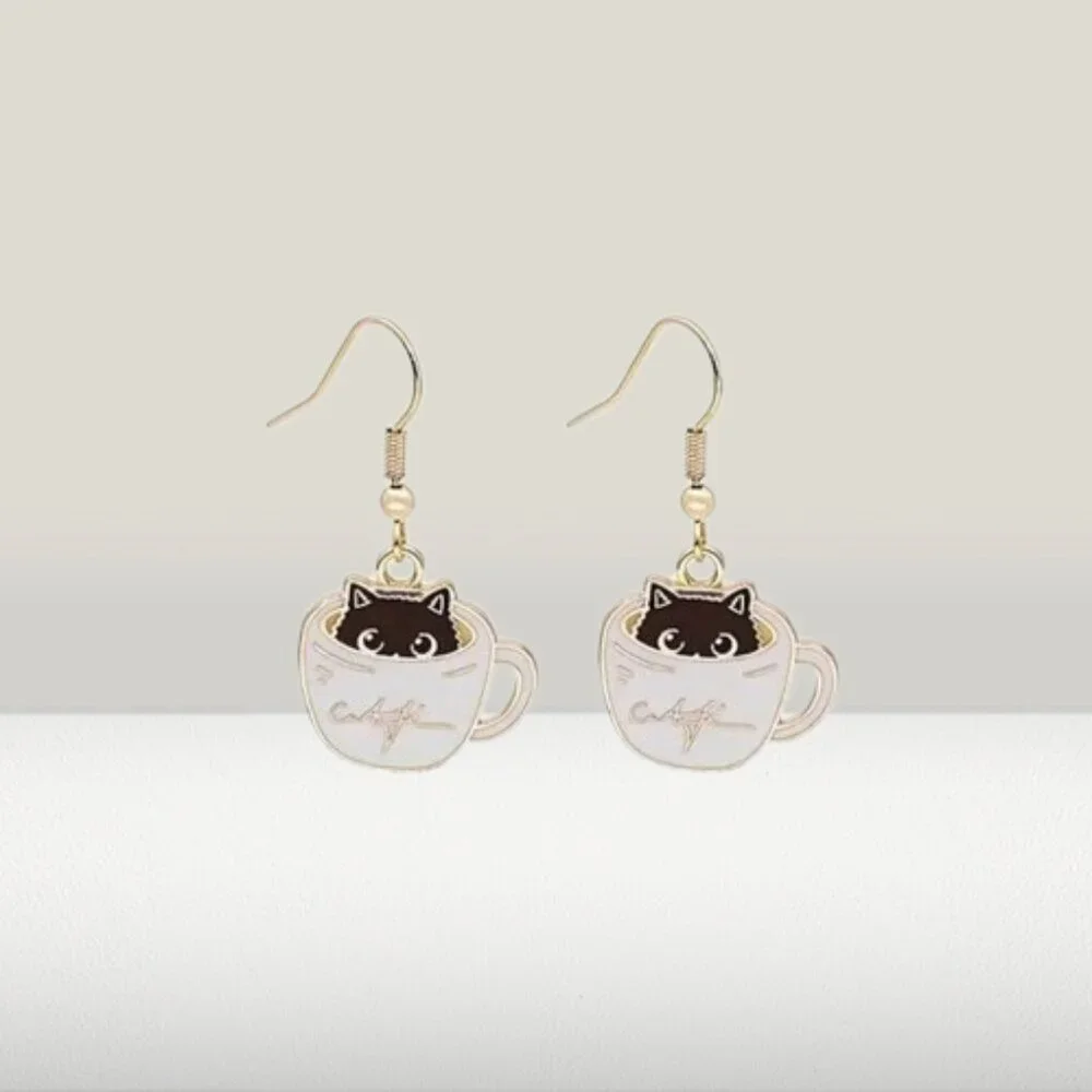 Cat Coffee Cup Dangle Earrings White Black 1.57 Inch Drop Pierced Ears New